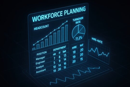 AI workforce solutions concepts, Digital workforce planning chart showing statistics like headcount and turnover rate.
