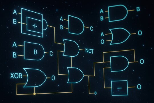 AI workforce solutions concepts, Diagrams illustrating logic gates and circuits on a dark background.