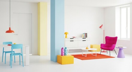 Brightly colored modern interior design with furniture and geometric color blocking elements