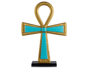 Egyptian ankh symbol with gold and turquoise detailing, isolated on a transparent background