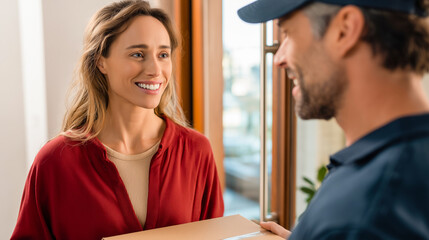 A delivery person hands over a parcel to a cheerful woman standing at her home door during daytime. The atmosphere is friendly and welcoming as they engage in conversation.