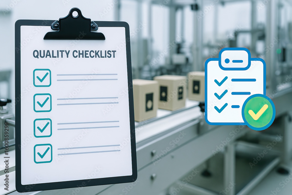 Poster quality checklist on clipboard with check marks in manufacturing facility showing quality control pr