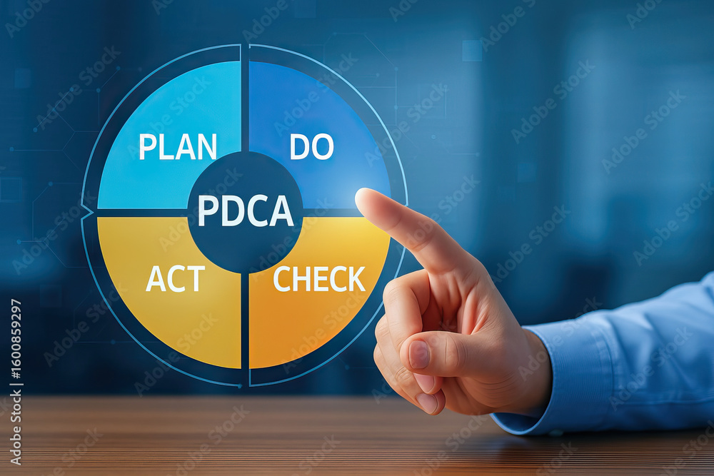 Poster pdca cycle concept with plan, do, check, and act sections displayed on virtual screen, hand pointing