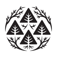 Fototapeta premium Black and white emblem featuring four triangles with tree inside and branches in a circular pattern