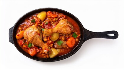 Fototapeta premium top view of a delicious looking poulet cacciatore on a dark cast iron skillet isolated on a white white background