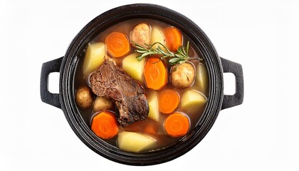 top view of a delicious looking pot au feu on a dark cast iron pot isolated on a white white background