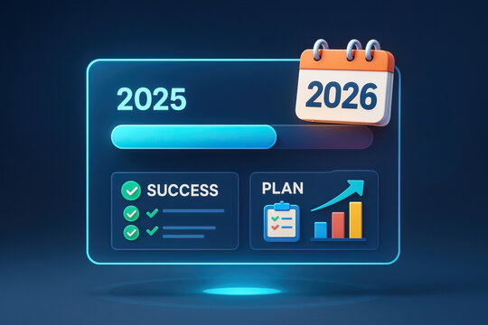 2025 progress bar with success checklist and plan graph for 2026 calendar, futuristic digital interface with glowing elements and dark background, business growth concept