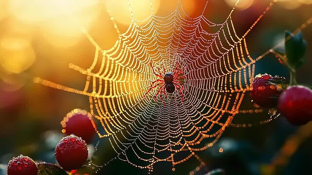 Dew-kissed spiderweb with spider in sunrise.