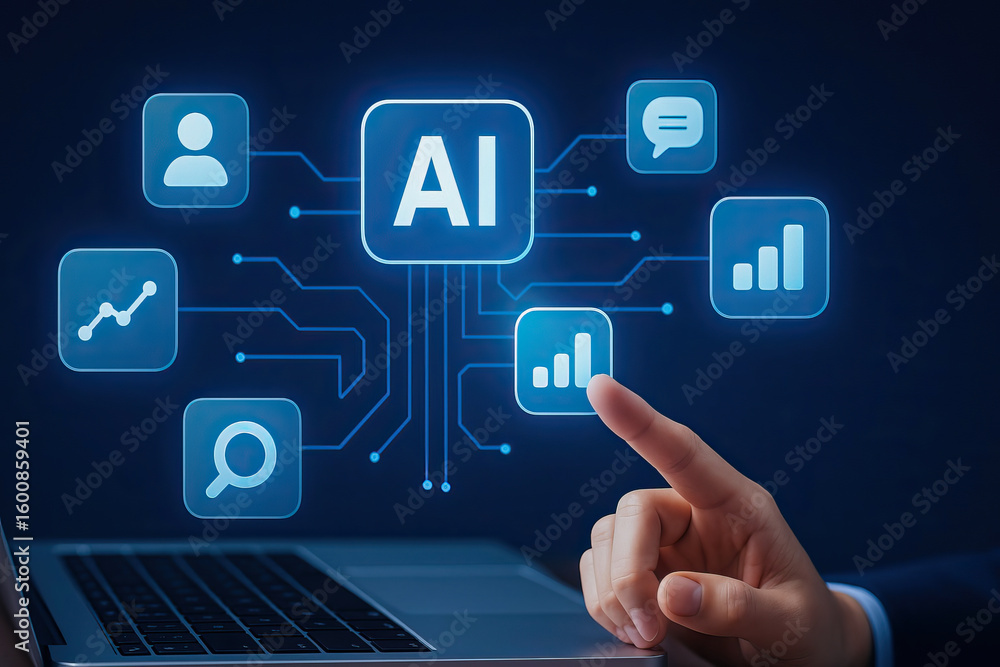 Aufkleber artificial intelligence concept with digital icons and human hand pointing on virtual screen, techno