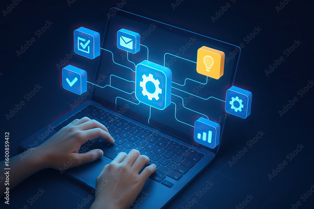 Aufkleber hands typing on laptop keyboard with digital icons of settings, email, checklist, idea, and analytic