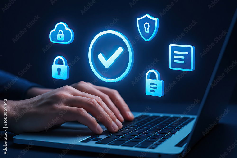Poster cybersecurity concept with hands typing on laptop keyboard and glowing blue security icons including