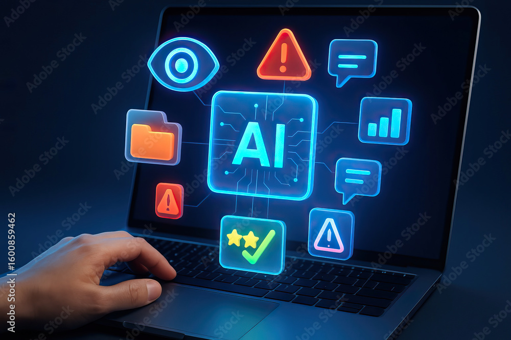 Aufkleber artificial intelligence concept with glowing icons on laptop screen and hand on keyboard showing tec