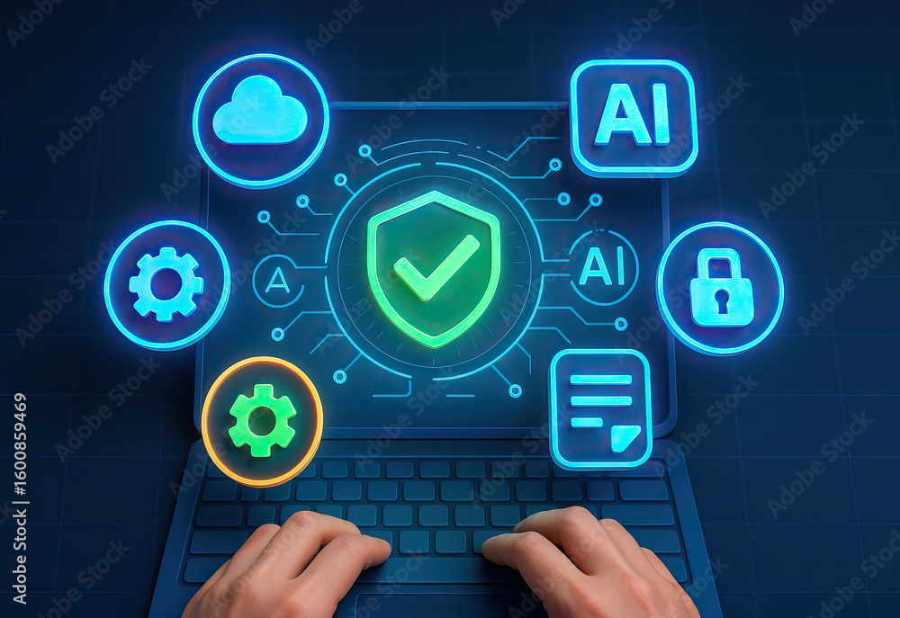 Poster cybersecurity concept with hands typing on laptop keyboard and glowing icons representing ai, cloud,