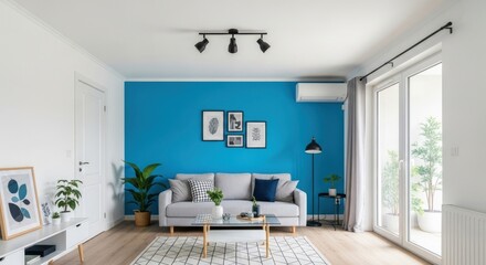 Fototapeta premium Bright living room with blue accent wall and modern furniture creating a cozy and stylish space