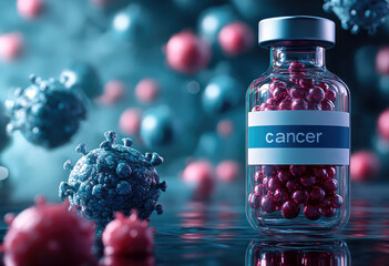 Futuristic 3D rendering of a vaccine vial labeled "cancer" surrounded by abstract virus-like particles, representing oncology research, immunotherapy, and hope for cancer treatment. Banner,copy space