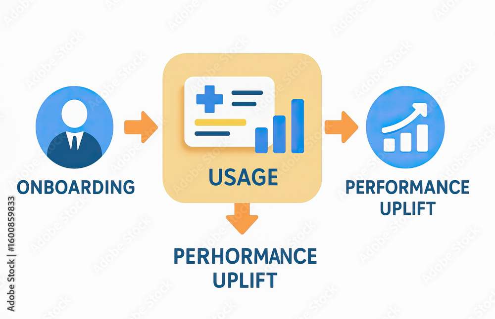 Poster onboarding process leads to usage analysis which results in performance uplift, illustrating busines