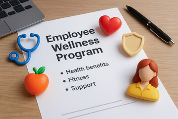 Employee wellness program paper on wooden desk with stethoscope heart apple shield pen and female figure symbolizing health benefits fitness and support for workers well being