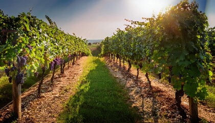 Naklejka premium grapevines heavy with green and purple grapes leaves casting shadows on fruit vineyard in midsummer sunlight