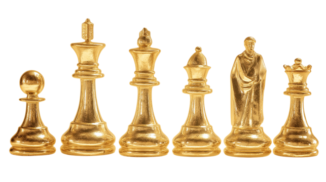 Complete Set of Golden Chess Pieces Isolated