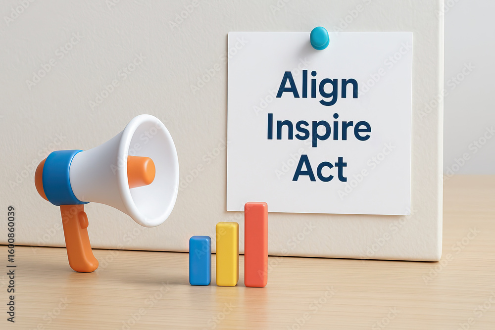 Poster align inspire act message on white paper with colorful megaphone and bar chart on wooden table, symb