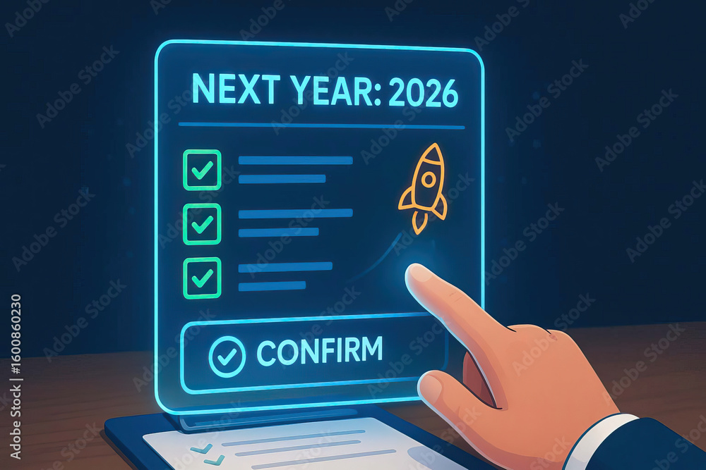 Poster next year 2026 futuristic digital interface with checklist and confirm button, hand pointing on scre
