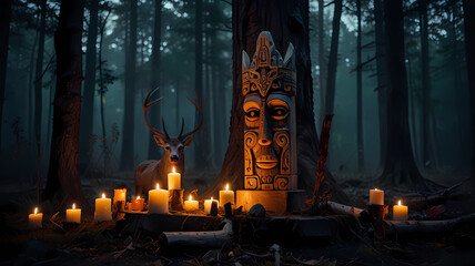 Altar in the forest. Totem for worshiping God. AI generation