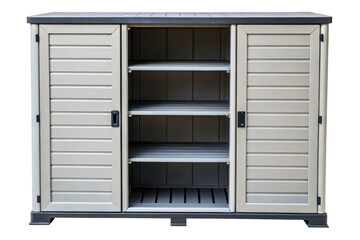 Fototapeta premium Plastic outdoor storage cabinet with open doors and empty shelves isolated with transparent background