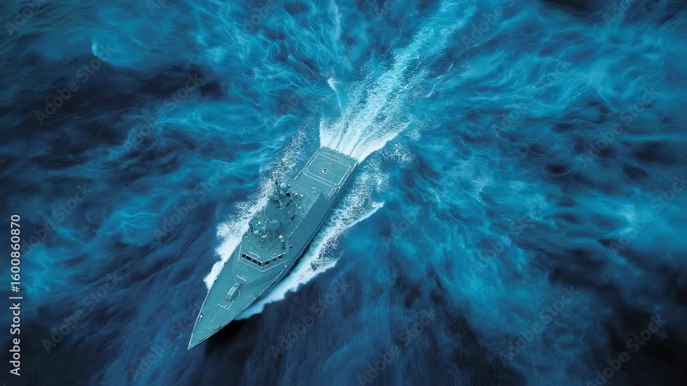 Poster a topdown perspective of a highspeed vessel navigating through a choppy sea with the wave patterns r