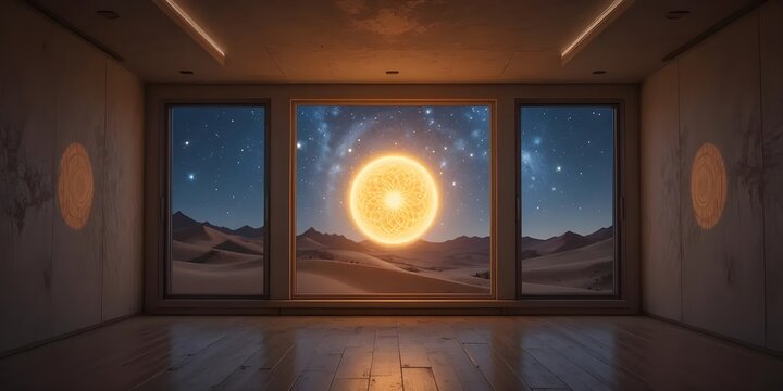 Step into serenity with this peaceful desert night scene from a modern room, perfect for relaxation