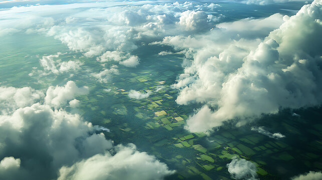 Patches of green peeping through clouds in an aerial view of earth