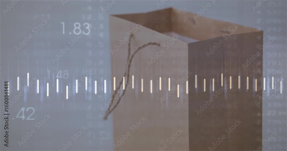 Aufkleber on data overlay appearing, bag showing bar and line graphs fluctuating, visualizing sales trends