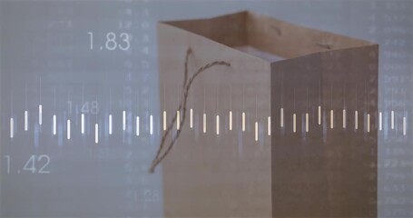 On data overlay appearing, bag showing bar and line graphs fluctuating, visualizing sales trends - Powered by Adobe