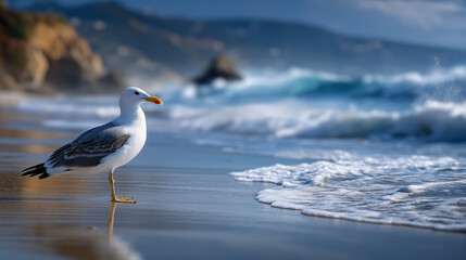 Fototapeta premium Seagull contemplatively gazes at the sea during soft sunlight