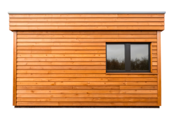 Wall of a modern garden shed with wood siding and a window isolated with transparent background