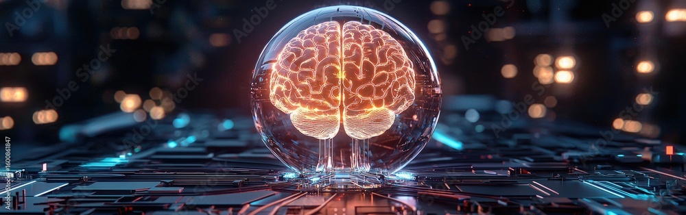 Poster a high-tech visualization of a brain encased in a semi-transparent sphere, set against a futuristic 