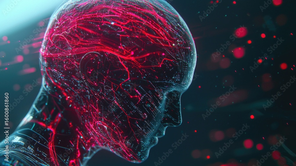 Aufkleber a glowing cybernetic head with a network of red lines showcasing advanced neural connections and a f