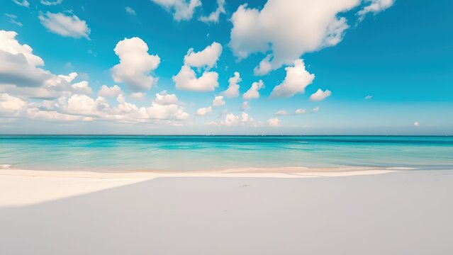  Tropical beach clear blue sky with cumulus clouds
