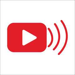 Red play button icon in flat vector style showing online video content streaming platform or multimedia playback user interface element for web design
