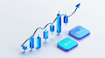 Blue candlestick chart showing upward trend with buy and sell buttons