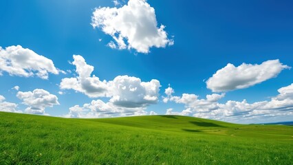 Fototapeta premium Rolling green hills under a bright blue sky with fluffy white clouds