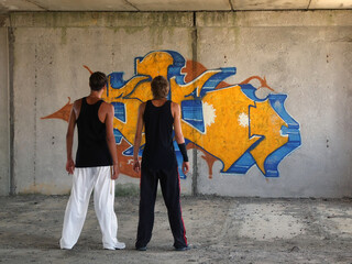 Two guys looking at a graffiti wall	
