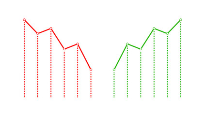 Red downward and green upward line graph charts representing data trend analysis, loss and growth, financial performance, and market direction