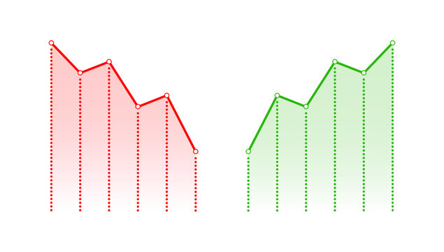 Red downward and green upward line graph charts representing data trend analysis, loss and growth, financial performance, and market direction