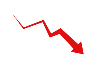 Obraz premium Red downward jagged arrow icon symbolizing decline, loss, negative trend, financial drop, and business decrease