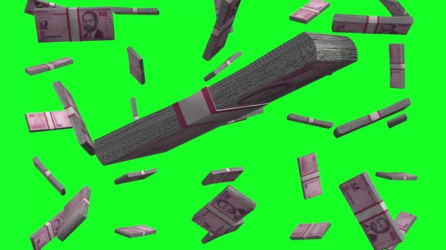 Mozambican metical Money bundles falling in green background with dynamic motion effects