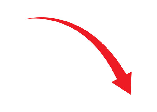 Red downward curved arrow icon representing decline, decrease, failure, loss, drop, or negative financial trend