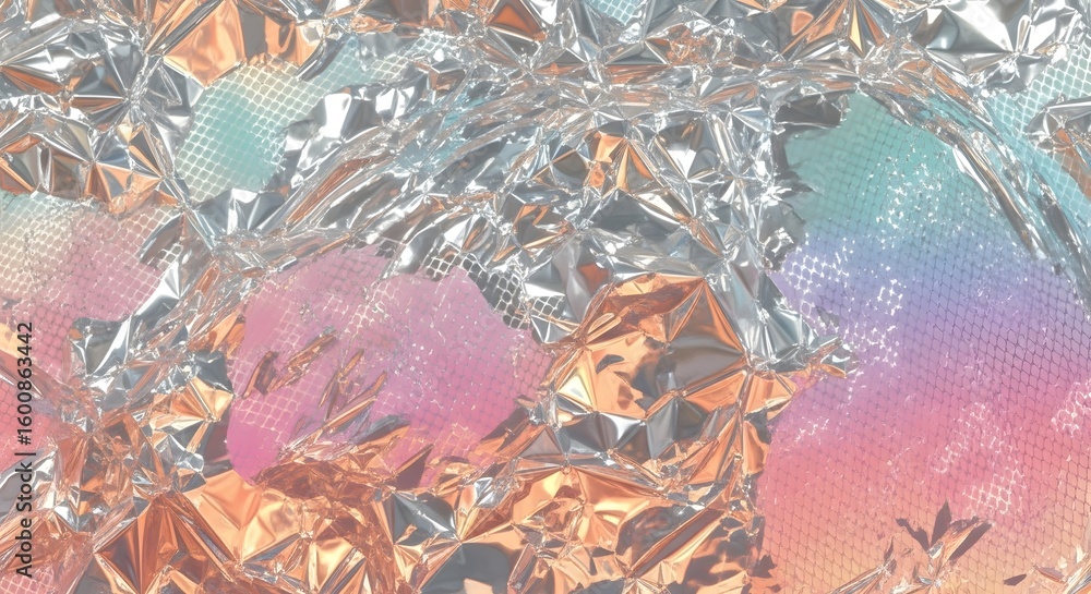 Poster abstract image of crumpled silver foil with iridescent pastel colors reflecting and creating a textu