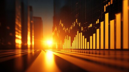 an image displays a street setting with blurred buildings alongside an elevated chart, all bathed in a strong golden light