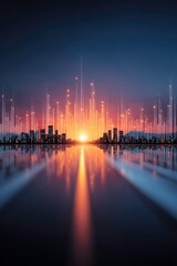 the image portrays a silhouette of a skyline against a backdrop of warm tones