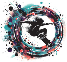 : Dynamic Skateboard Trick Silhouette with Vibrant Splash Art Background